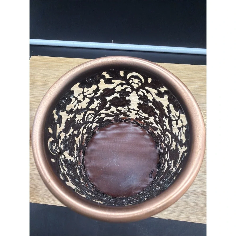 Copper Toned Ornate Candle Holder Pen Holder Wood Base 4.25